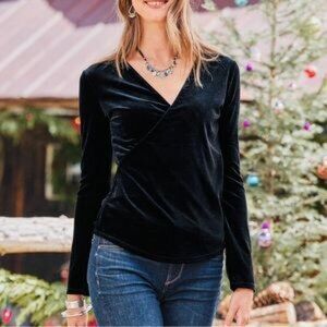 Sundance Velvet Faux Wrap Surplice Long Sleeve Morgan Black Blouse Top Size L